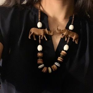 Wooden Hand Carved Rhino Statement Necklace - Figural Vintage Jewelry
